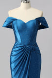 Sparkly Dark Blue Satin Off the Shoulder Mermaid Long Corset Prom Dress with Beading