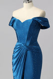 Sparkly Dark Blue Satin Off the Shoulder Mermaid Long Corset Prom Dress with Beading