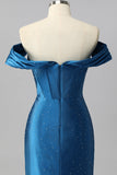 Sparkly Dark Blue Satin Off the Shoulder Mermaid Long Corset Prom Dress with Beading
