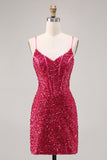 Sparkly Fuchsia Corset Tight Mini Sequins Prom Dress with Lace up Back