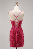 Sparkly Fuchsia Corset Tight Mini Sequins Prom Dress with Lace up Back