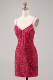 Sparkly Fuchsia Corset Tight Mini Sequins Prom Dress with Lace up Back