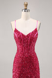Sparkly Fuchsia Corset Tight Mini Sequins Prom Dress with Lace up Back