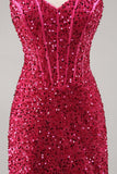 Sparkly Fuchsia Corset Tight Mini Sequins Prom Dress with Lace up Back