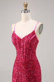 Sparkly Fuchsia Corset Tight Mini Sequins Prom Dress with Lace up Back