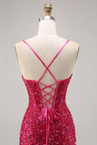 Sparkly Fuchsia Corset Tight Mini Sequins Prom Dress with Lace up Back