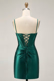 Sparkly Dark Green Corset Satin Tight Short Cocktail Dress with Beading