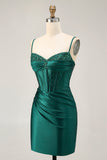 Sparkly Dark Green Corset Satin Tight Short Cocktail Dress with Beading