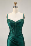 Sparkly Dark Green Corset Satin Tight Short Cocktail Dress with Beading