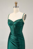 Sparkly Dark Green Corset Satin Tight Short Cocktail Dress with Beading