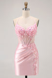 Candy Pink Tight Short Corset Floral Cocktail Dress