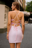 Candy Pink Tight Short Corset Floral Cocktail Dress
