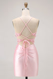 Candy Pink Tight Short Corset Floral Cocktail Dress