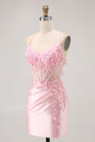 Candy Pink Tight Short Corset Floral Cocktail Dress
