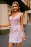 Candy Pink Floral Corset Tight Short Cocktail Dress