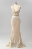 Sparkly Halter Apricot Sequin Mermaid Backless Long Prom Dress