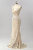 Sparkly Halter Apricot Sequin Mermaid Backless Long Prom Dress