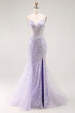 Sparkly Purple Corset Mermaid Sequins Long Prom Dress with Slit