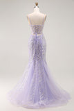 Sparkly Purple Corset Mermaid Sequins Long Prom Dress with Slit
