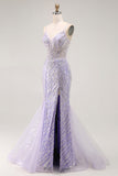 Sparkly Purple Corset Mermaid Sequins Long Prom Dress with Slit