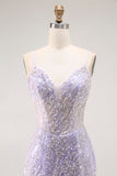 Sparkly Purple Corset Mermaid Sequins Long Prom Dress with Slit