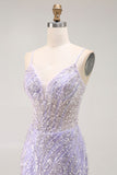 Sparkly Purple Corset Mermaid Sequins Long Prom Dress with Slit
