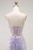 Sparkly Purple Corset Mermaid Sequins Long Prom Dress with Slit
