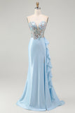 Light Blue Mermaid Corset Sparkly Beaded Long Prom Dress with Ruffles