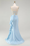 Light Blue Mermaid Corset Sparkly Beaded Long Prom Dress with Ruffles