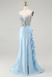 Light Blue Mermaid Corset Sparkly Beaded Long Prom Dress with Ruffles