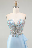 Light Blue Mermaid Corset Sparkly Beaded Long Prom Dress with Ruffles
