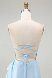 Light Blue Mermaid Corset Sparkly Beaded Long Prom Dress with Ruffles