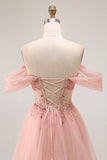 Sparkly Blush Off the Shoulder Maxi Prom Dress with Sequins