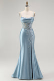 Sparkly Grey Blue Corset Mermaid Appliqued Maxi Prom Dress with Slit