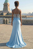 Sparkly Grey Blue Corset Mermaid Appliqued Maxi Prom Dress with Slit