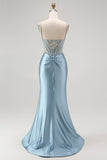 Sparkly Grey Blue Corset Mermaid Appliqued Maxi Prom Dress with Slit