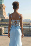Floral Grey Blue Corset Mermaid Appliqued Maxi Prom Dress with Slit