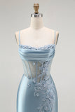Sparkly Grey Blue Corset Mermaid Appliqued Maxi Prom Dress with Slit