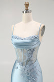 Sparkly Grey Blue Corset Mermaid Appliqued Maxi Prom Dress with Slit