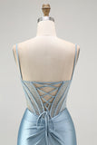 Sparkly Grey Blue Corset Mermaid Appliqued Maxi Prom Dress with Slit