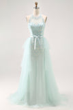 Sparkly Light Green Halter Beaded Long Prom Dress with Detachable Train