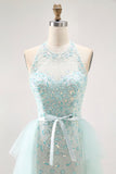 Sparkly Light Green Halter Beaded Long Prom Dress with Detachable Train
