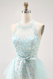 Sparkly Light Green Halter Beaded Long Prom Dress with Detachable Train