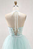Sparkly Light Green Halter Beaded Long Prom Dress with Detachable Train