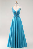 Sparkly Blue Satin V Neck A Line Long Prom Dress with Beading