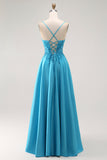 Sparkly Blue Satin V Neck A Line Long Prom Dress with Beading