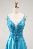 Sparkly Blue Satin V Neck A Line Long Prom Dress with Beading