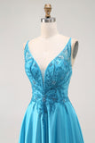 Sparkly Blue Satin V Neck A Line Long Prom Dress with Beading