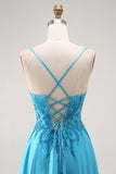 Sparkly Blue Satin V Neck A Line Long Prom Dress with Beading