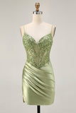 Sparkly Satin Sage Green Tight Short Corset Cocktail Dress with Sequins